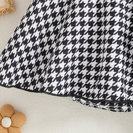 Baby girl's summer fashion cute herringbone plaid pattern round neck button decoration fly sleeve plaid skirt jumpsuit and black