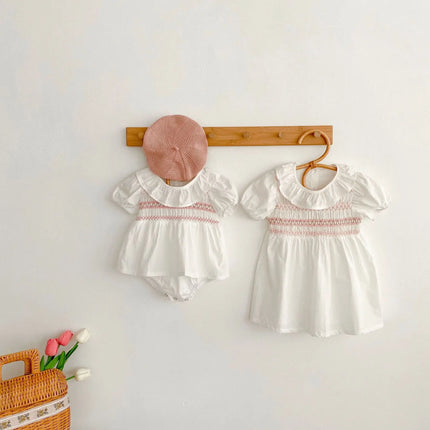 Summer Sister Baby Girl Clothes Embroidery Lace Floral Toddler Girls Ruffled Dress Newborn Infant Baby Romper 2Pcs Suit Korea