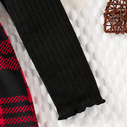 Spring & Autumn Kids Cute Fashion dress Girls Casual Solid color round neck wing sleeve shirt Red plaid skirt ceremonial dress s