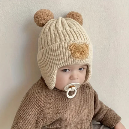 Winter Baby Beanie Cartoon Bear Ear Protection Knitted Hat, Suitable for Toddling Boys and Girls