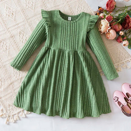 Baby Girl Button Front Solid Rib Knit Long-sleeve Dress Soft and Comfortable Perfect for Outings Daily Casual Wear Kids Clothes