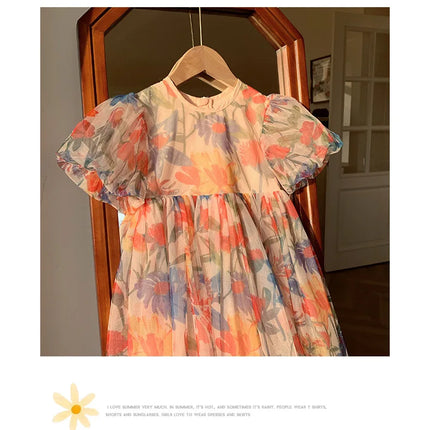 2025 Summer Kids Clothes Puff Sleeve Flower Print Dress For Girls Mesh Kids Dress for Girl