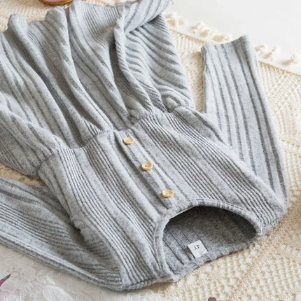 Baby Girl Button Front Solid Rib Knit Long-sleeve Dress Soft and Comfortable Perfect for Outings Daily Casual Wear Kids Clothes