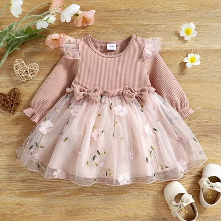 Baby Girl Pink Ribbed Long-Sleeve Bowknot Floral Embroidered Mesh Dress Perfect For Outings And Daily Wear