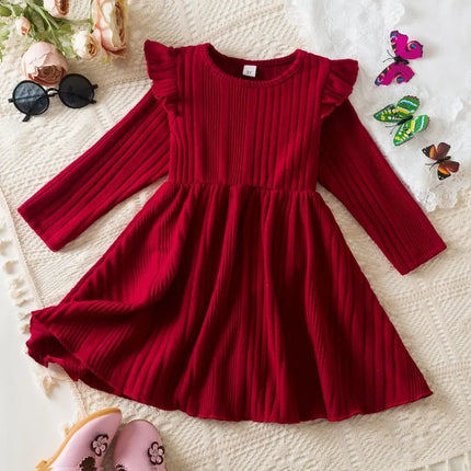 Baby Girl Button Front Solid Rib Knit Long-sleeve Dress Soft and Comfortable Perfect for Outings Daily Casual Wear Kids Clothes