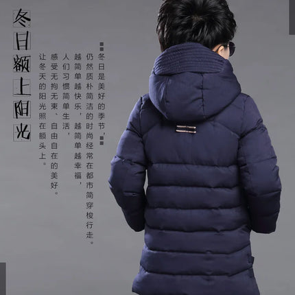 2025 New Winter Keep Warm Teenage Boys Jacket 5-14 Years Long Slim Fit Fashion Hooded Coat For Kids Children Outdoor Windbreaker