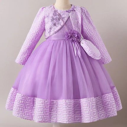 HETISO Girl Dresses with Bag long Sleeve Coat Tulle Princess Ball Gown for Kids in Party Birthday Graduation Christmas 3-10Y