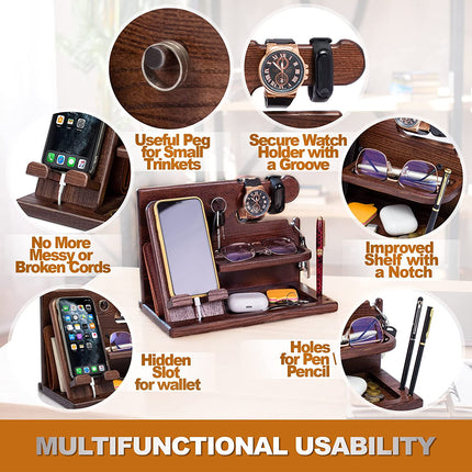 Wood Phone Docking Station for Men - Desk or Nightstand Organizer - Birthday Gifts for Husband, Dad - Anniversary Idea from Wife - Key Holder, Stand Wallet, Watch & Essentials (Bourbon Brown)