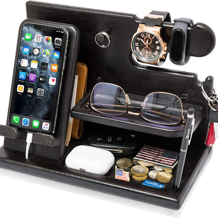 Wood Phone Docking Station for Men - Desk or Nightstand Organizer - Birthday Gifts for Husband, Dad - Anniversary Idea from Wife - Key Holder, Stand Wallet, Watch & Essentials (Bourbon Brown)