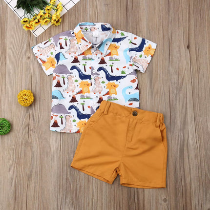 Toddler Boys' Summer Dinosaur Print Outfit Set with Short Sleeve Shirt and Shorts