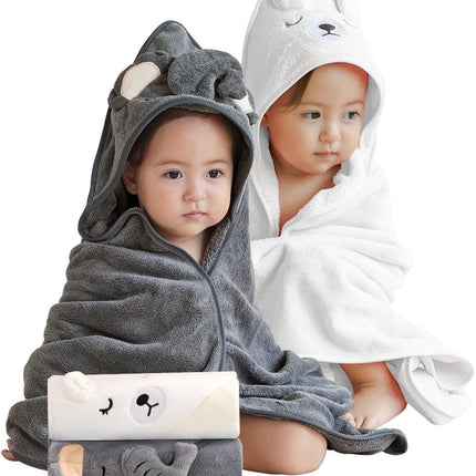 Baby Hooded Bath Towel,2 Pack  Babie Towels for Newborn,Infant,Toddler,Ultra Absorbent Soft (White Bear+Blue Bear)