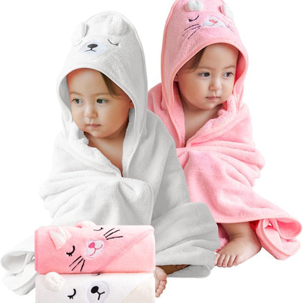 Baby Hooded Bath Towel,2 Pack  Babie Towels for Newborn,Infant,Toddler,Ultra Absorbent Soft (White Bear+Blue Bear)