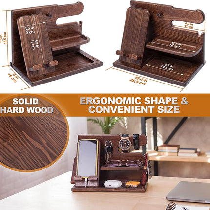 Wood Phone Docking Station for Men - Desk or Nightstand Organizer - Birthday Gifts for Husband, Dad - Anniversary Idea from Wife - Key Holder, Stand Wallet, Watch & Essentials (Bourbon Brown)