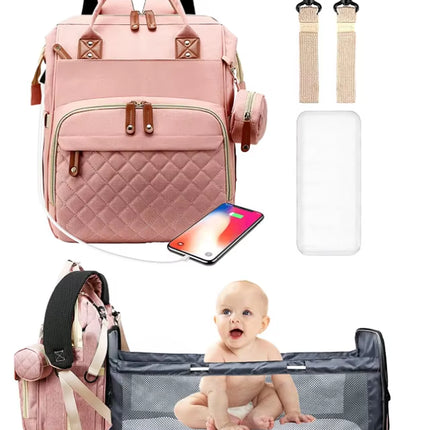 Multifunctional Waterproof Diaper Bag Backpack with Foldable Baby Bed and USB Charging Port