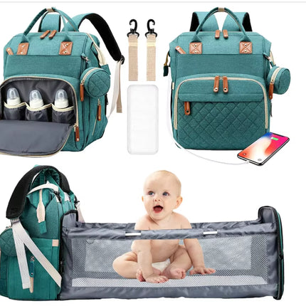 Multifunctional Waterproof Diaper Bag Backpack with Foldable Baby Bed and USB Charging Port