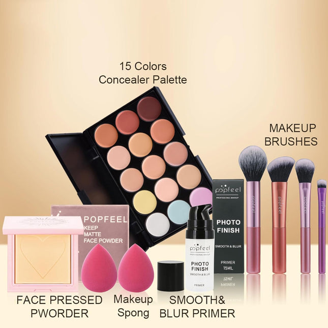 Complete Beauty Makeup Set, Include 15 Colors Concealer Palette, Face Powder, Makeup Primer, Brush, Sponge Set for Girls & Teenagers