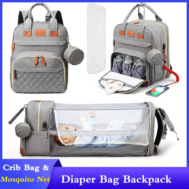 Multifunctional Waterproof Diaper Bag Backpack with Foldable Baby Bed and USB Charging Port