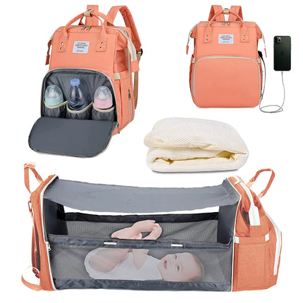 Multifunctional Waterproof Diaper Bag Backpack with Foldable Baby Bed and USB Charging Port
