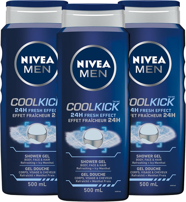 MEN Cool Kick Body Wash | 3-In-1 Men Shower Gel (Body, Face & Hair), 3X500Ml & MEN Active Lip Balm, (2 X 4.8G) | Made with Jojoba Oil & Shea Butter, 24H Hydration