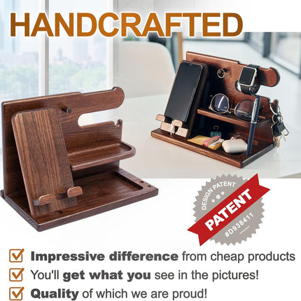 Wood Phone Docking Station for Men - Desk or Nightstand Organizer - Birthday Gifts for Husband, Dad - Anniversary Idea from Wife - Key Holder, Stand Wallet, Watch & Essentials (Bourbon Brown)