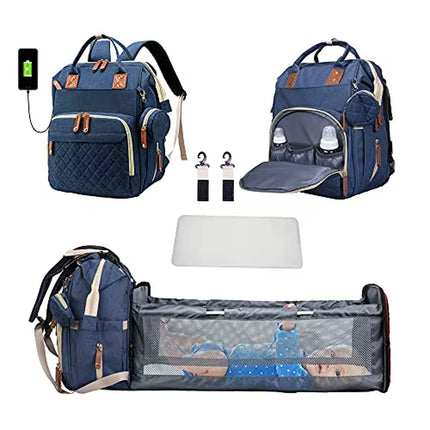 Multifunctional Waterproof Diaper Bag Backpack with Foldable Baby Bed and USB Charging Port