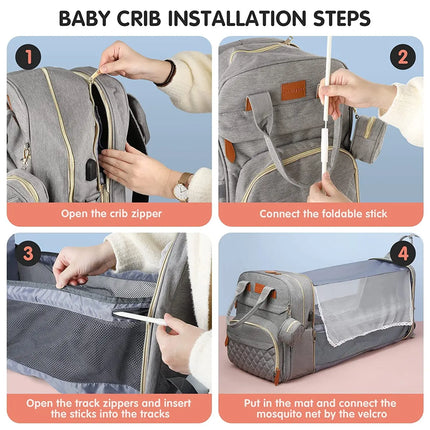 Multifunctional Waterproof Diaper Bag Backpack with Foldable Baby Bed and USB Charging Port