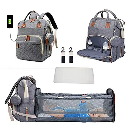 Multifunctional Waterproof Diaper Bag Backpack with Foldable Baby Bed and USB Charging Port