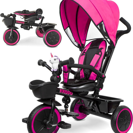7-In-1 Tricycle Stroller for Toddlers 18 Months to 5 Years, Adjustable Push Handle, Rotatable Seat, Cup Holder and Retractable Canopy, Folding Baby Trike W/Detachable Guardrail, Footrest, BU