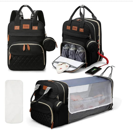 Multifunctional Waterproof Diaper Bag Backpack with Foldable Baby Bed and USB Charging Port