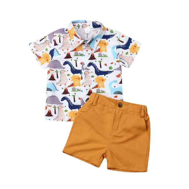 Toddler Boys' Summer Dinosaur Print Outfit Set with Short Sleeve Shirt and Shorts