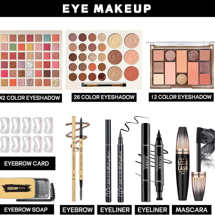 Comprehensive Makeup Set for Women and Teens, Ideal for Beginners and Professionals, Featuring Eyeshadow Palettes, Foundation, and Liquid Lipsticks