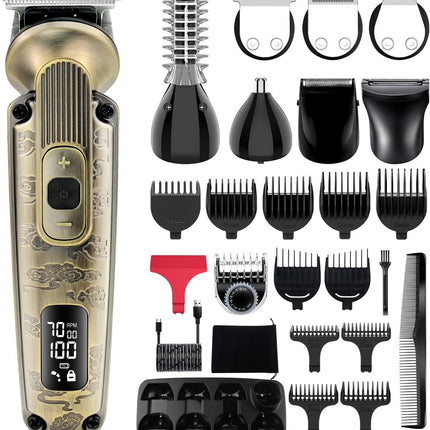8-in-1 Adjustable Speed Waterproof Beard and Moustache Trimmer for Men - Cordless T-Blade Hair Clipper and Grooming Kit with Face, Nose, and Body Attachments (Bronze)