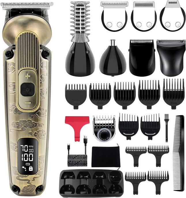 8-in-1 Adjustable Speed Waterproof Beard and Moustache Trimmer for Men - Cordless T-Blade Hair Clipper and Grooming Kit with Face, Nose, and Body Attachments (Bronze)