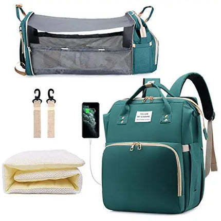 Multifunctional Waterproof Diaper Bag Backpack with Foldable Baby Bed and USB Charging Port