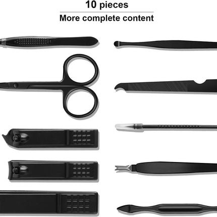 Manicure Set, Travel Mini Nail Clippers Kit Pedicure Care Tools, 10Pcs Stainless Steel Grooming Kit (Black)