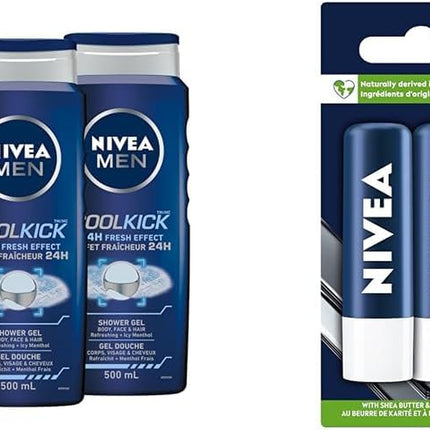 MEN Cool Kick Body Wash | 3-In-1 Men Shower Gel (Body, Face & Hair), 3X500Ml & MEN Active Lip Balm, (2 X 4.8G) | Made with Jojoba Oil & Shea Butter, 24H Hydration