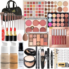Comprehensive Makeup Set for Women and Teens, Ideal for Beginners and Professionals, Featuring Eyeshadow Palettes, Foundation, and Liquid Lipsticks