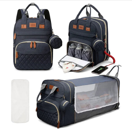 Multifunctional Waterproof Diaper Bag Backpack with Foldable Baby Bed and USB Charging Port