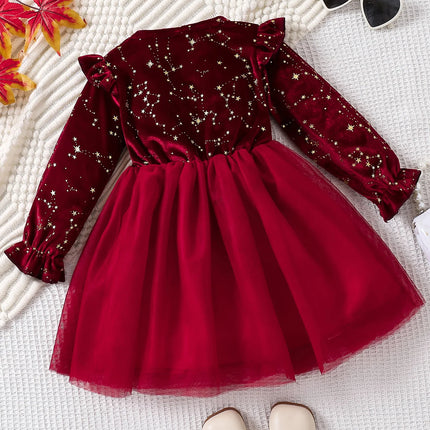 Toddler Girl Party Dress Autumn Winter 1-8 Years Children Christmas And New Year Princess Dress Red Velvet Gown Stars Mesh Dress