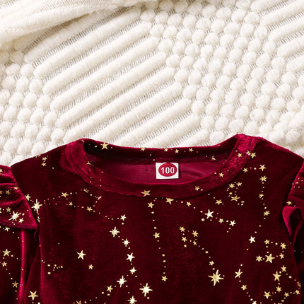 Toddler Girl Party Dress Autumn Winter 1-8 Years Children Christmas And New Year Princess Dress Red Velvet Gown Stars Mesh Dress