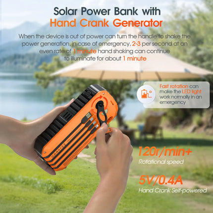 40000mAh Solar Power Bank with Hand Crank Portable 22.5W Fast Charger Built-in Cable External Battery for Phones Camping Outdoor