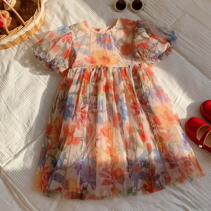 2025 Summer Kids Clothes Puff Sleeve Flower Print Dress For Girls Mesh Kids Dress for Girl