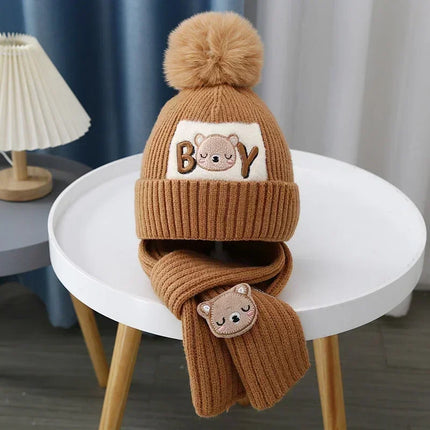 2Pcs/Set Children's Hat and Scarf Set for Boys and Girls Winter Warmth Cotton Lining Wool Knit Hats Baby Two-Piece Hat Set