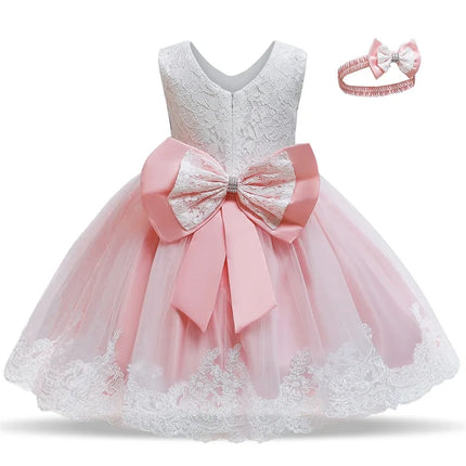 Baby Girls Dresses for 1st Birthday Party Backless Embroidery Elegant Big Bow Wedding Tutu Gown Girls Pink Formal Gala Costume