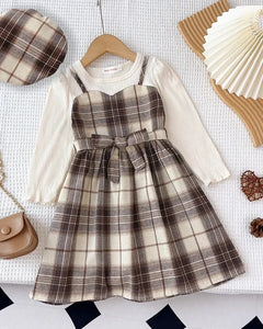 Korean Version Long Sleeved Shirt Fake Two-piece with Belt+Print Hat Outfits 3-7 Years Old Autumn New Plaid Girls Casual Dresses MylesMerchandise