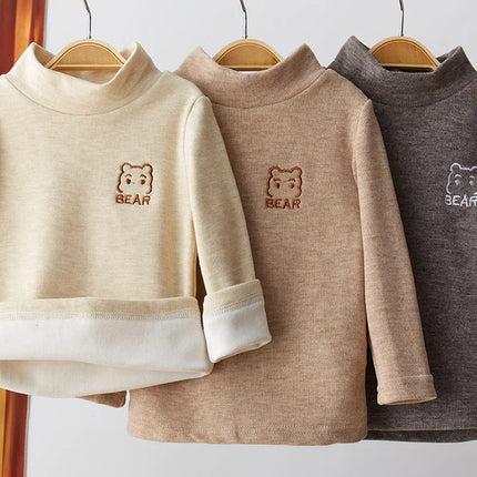 Children's T-Shirts Bear Embroidery and Fleece Long Sleeve Base Shirt Girls Boys Clothes Girls Tshirts Kids Clothes Boys