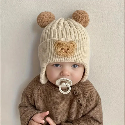 Winter Baby Beanie Cartoon Bear Ear Protection Knitted Hat, Suitable for Toddling Boys and Girls