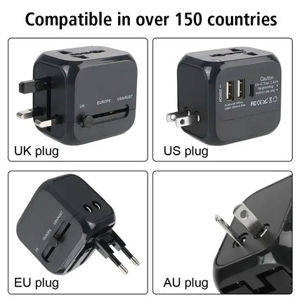 All-in-One Wall Travel Charger Adapter - US EU UK AU Plugs with 2 USB & 1 Type C, Universal for Travel