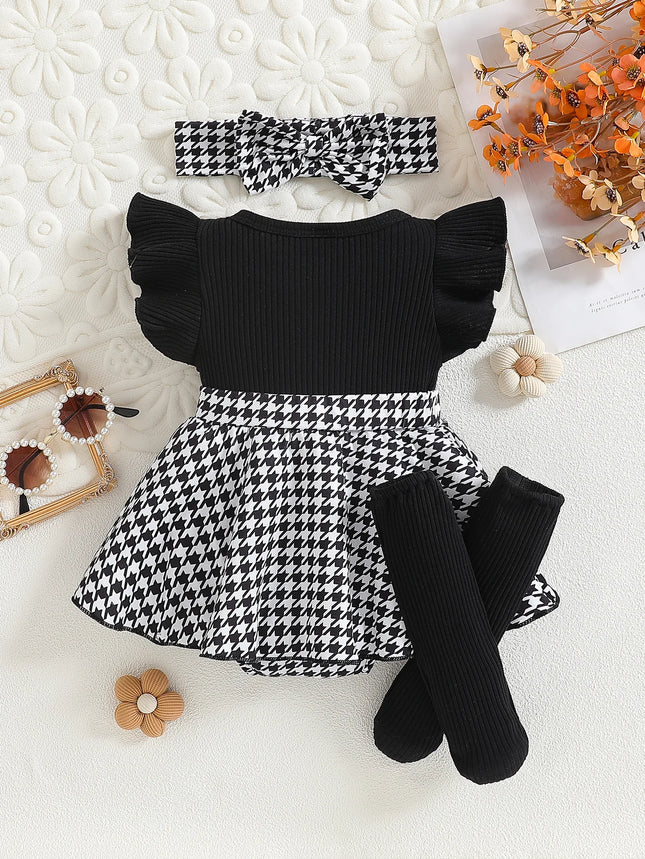 Baby girl's summer fashion cute herringbone plaid pattern round neck button decoration fly sleeve plaid skirt jumpsuit and black