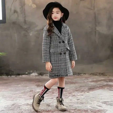 Winter Woolen Coat for Girl Thick Jacket Toddler Girls Plaid Outerwear Kids Clothes Autumn England Teenage Trench School Uniform